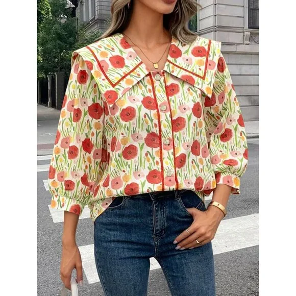 Women's Cotton Button Down Shirt 3/4 Sleeve Floral V Neck Office Casual